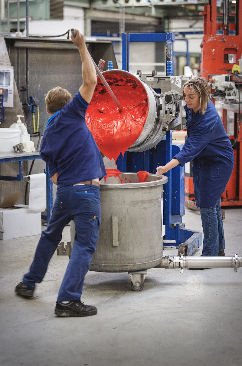 Colour mixing process at Winsor & Newton factory in Le Mans, France